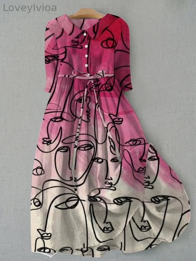 Women's Retro Abstract Face Print Lace Up Dress