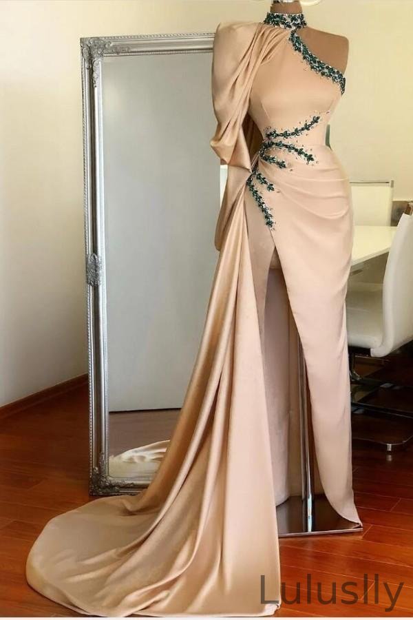 Luluslly One Shoulder Long Sleeves Beadings Mermaid Prom Dress