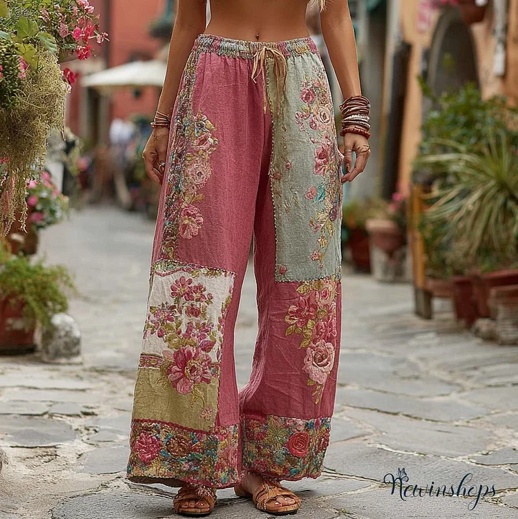 Classic Retro Rose And Floral Patchwork Art Linen Pants
