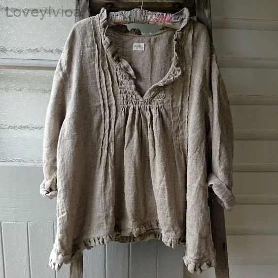 Vintage Stringy Selvedge Pleat V Neck Linen Cotton Comfy Shirt