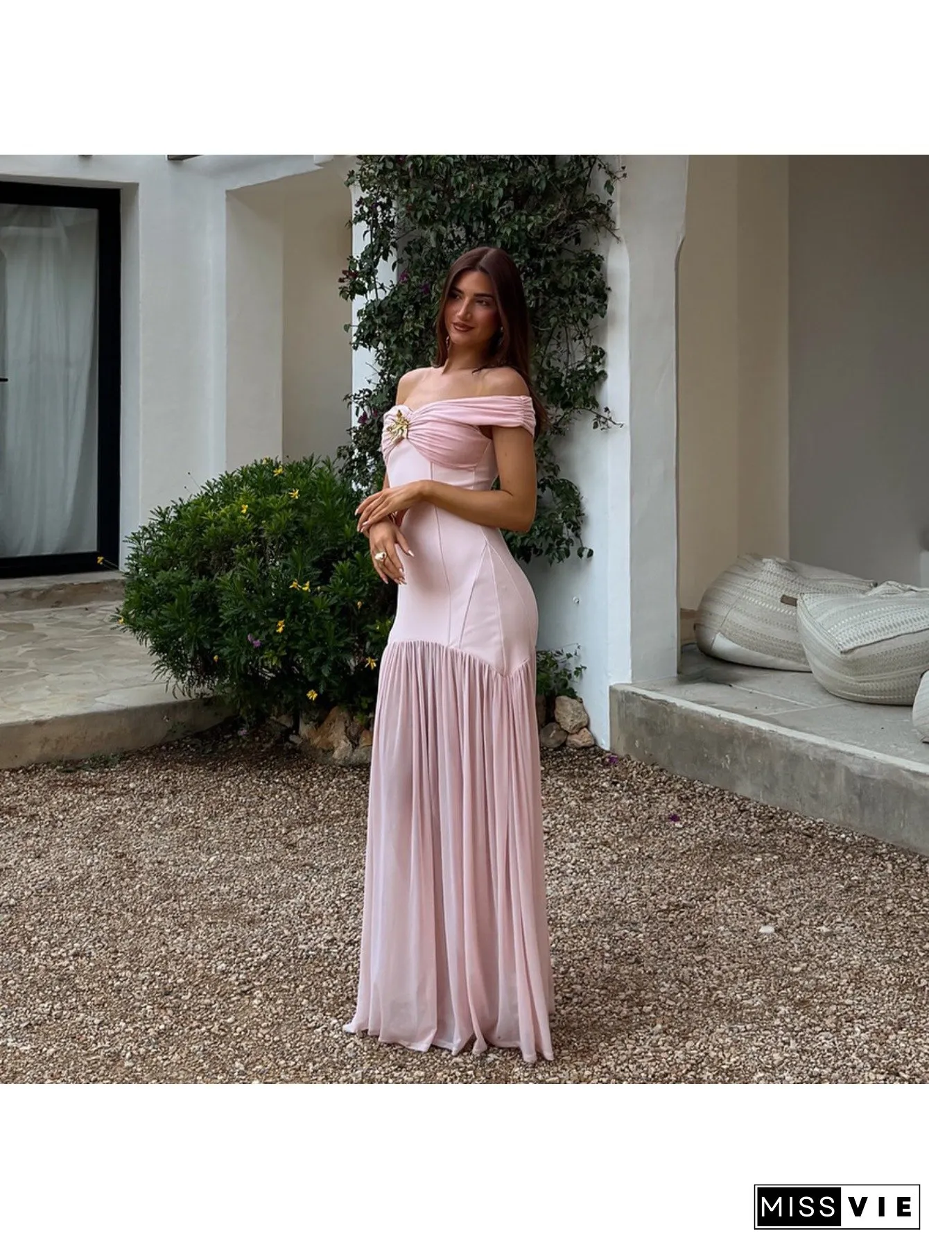 elegant strapless one-shoulder backless mermaid dress pink length slit party wedding guest
