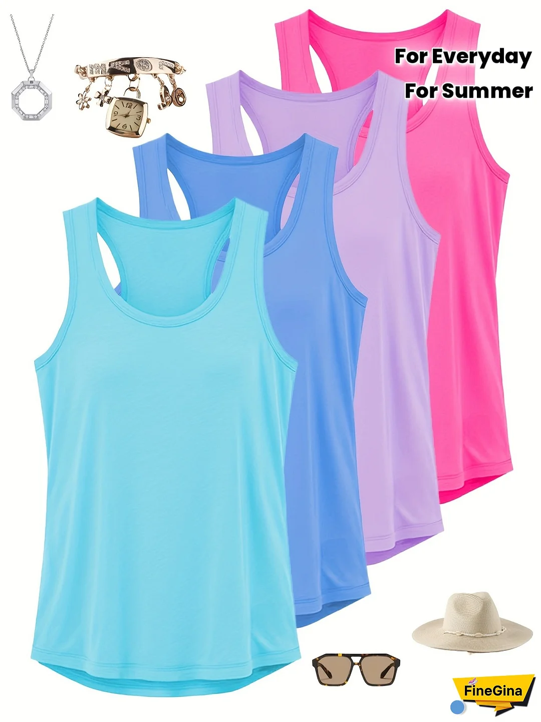 [4pcs Summer Tank Tops] 4pcs Women's Casual Sleeveless Tank Tops | Solid Color Summer Tops with Vertical Stripes, Round Neck, Machine Washable | 4 Colors (Black, Yellow, Purple, Pink), Everyday Comfort Wear