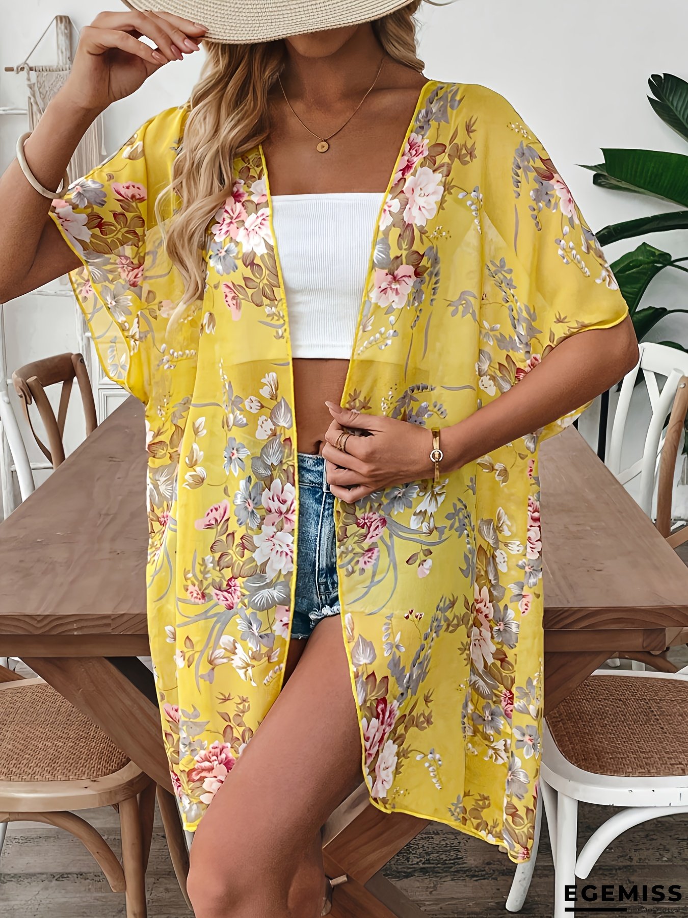 [Floral Print Chiffon] Women's Floral Print Chiffon Kimono-Style Long Cardigan | Lightweight Open Front Cover-Up with Vibrant Yellow & Pink Flowers | Bohemian Beachwear for Spring Summer Fall | Casual Outings & Poolside Lounging | Beach Clothes | EGEMISS