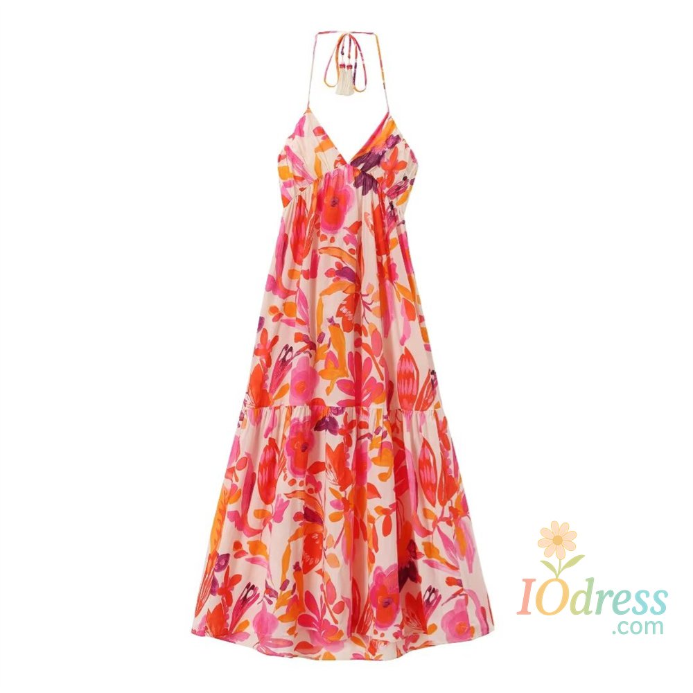 IO Dress PB&ZA2024 Summer New Product Women's Wear European and American Style Hanging Neck Collar Tassel Lacing Print Long Dress