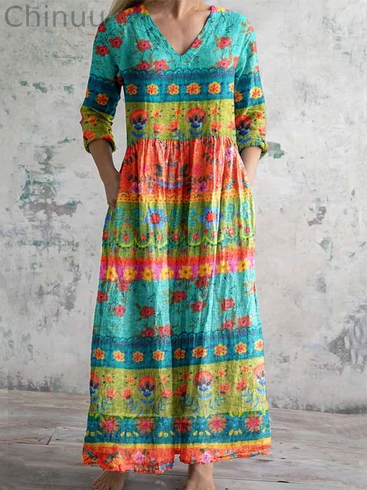 Women's Elegant Striped Floral Pattern V-Neck Cotton Fabric Dress with Pockets