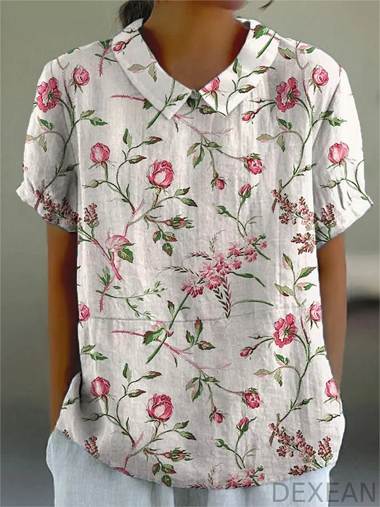 Pink Rose And Mixed Floral Pattern Printed Women's Casual Cotton And Linen Shirt