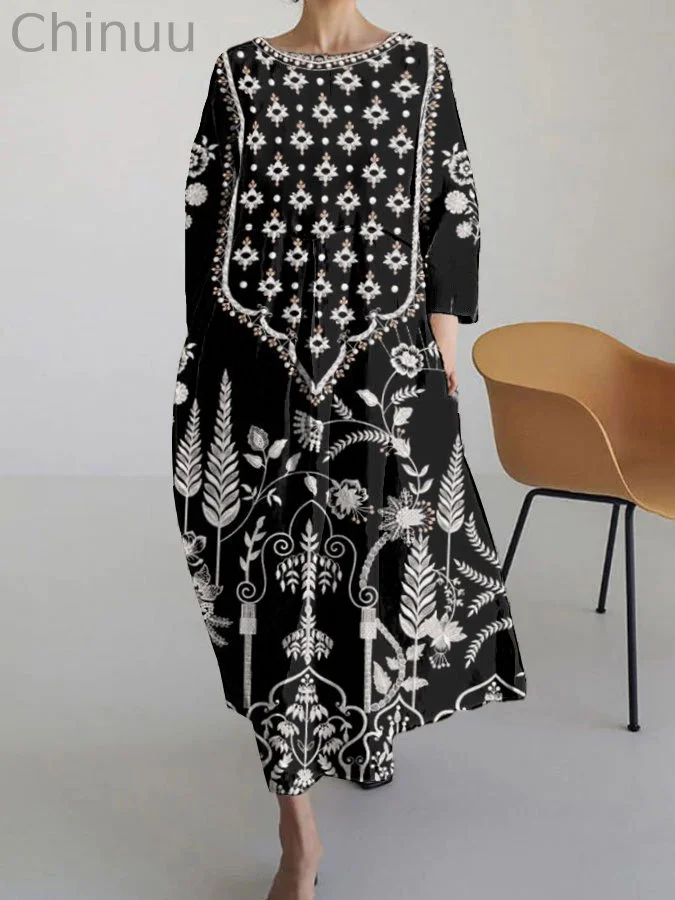 Ethnic Floral Pattern Women's Linen Maxi Dress