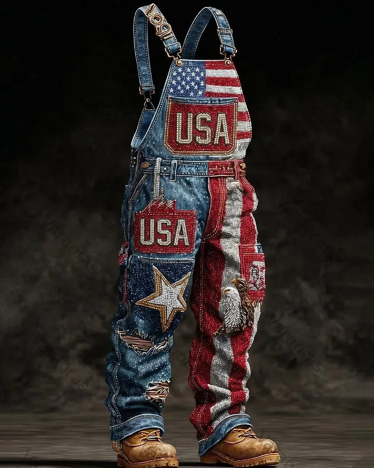 Men's Summer Outdoor Casual Independence Day 3D Embroidered Denim Jumpsuit Overalls 7022