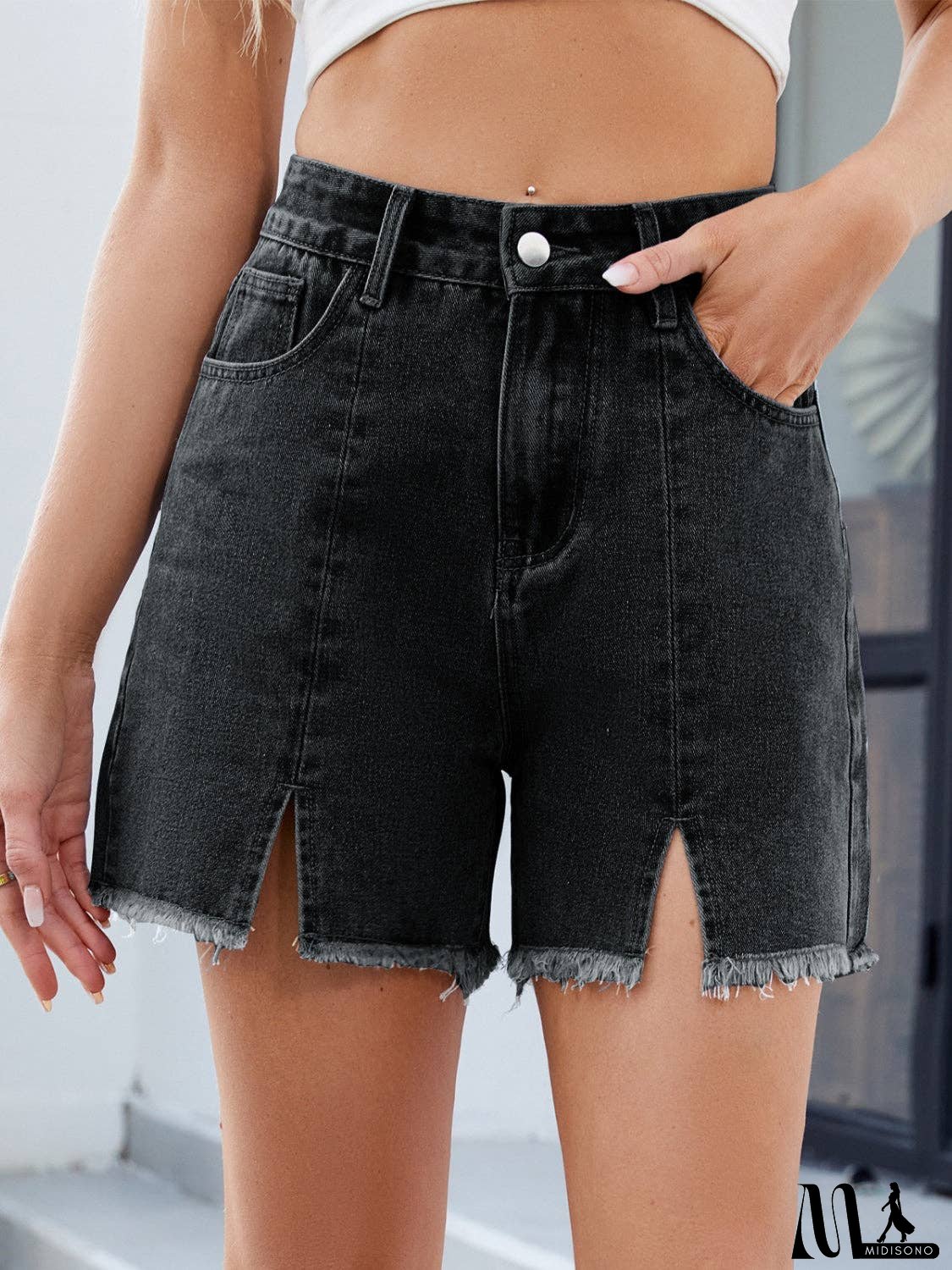 Raw Hem Slit Denim Shorts