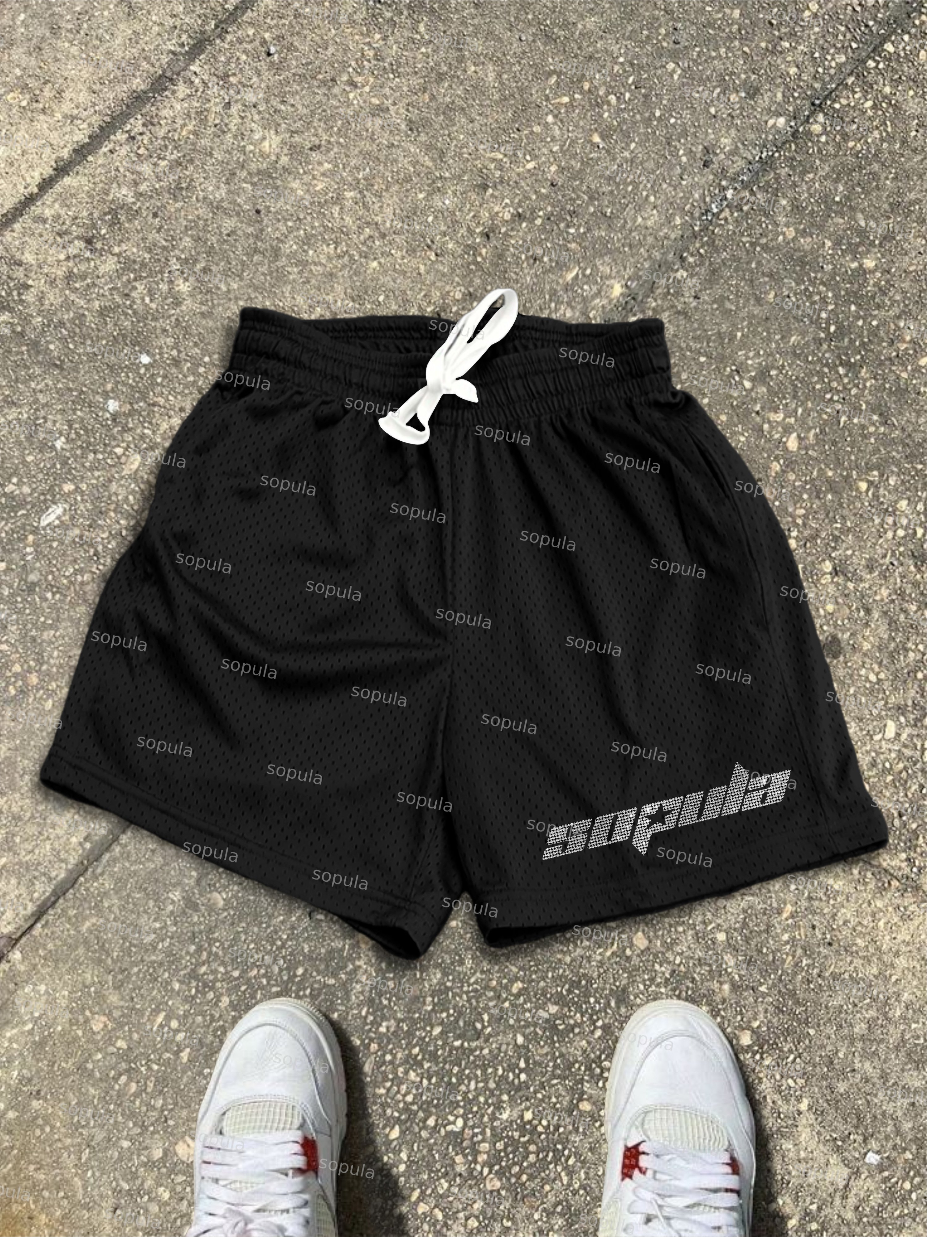 Sopula Faux Stamped Slogan Graphic Mesh Shorts