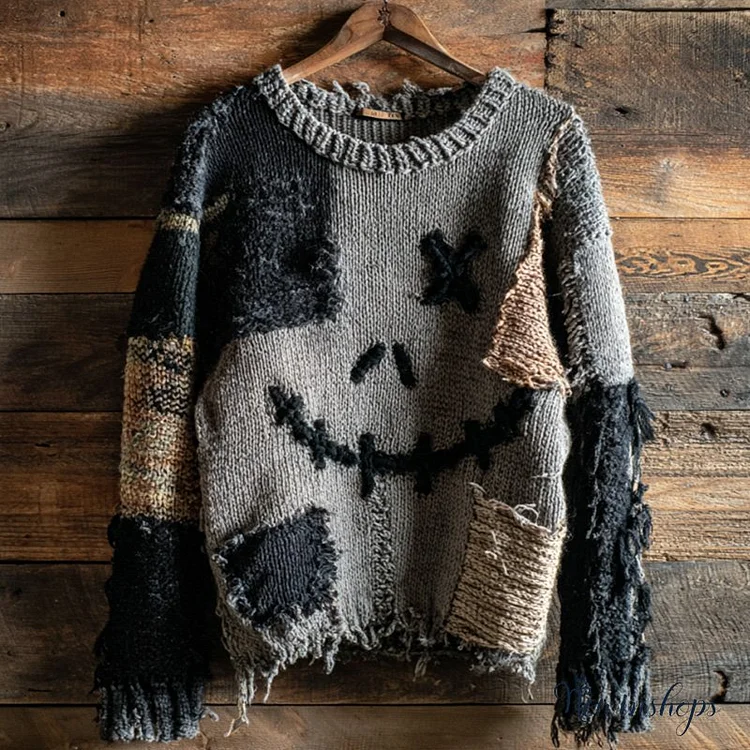 Halloween Pumpkin Face Contrast Stitched Cozy Knit Sweater
