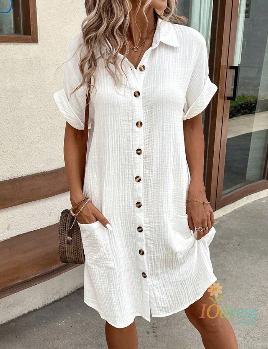 IO Dress Women's Fashion Summer Minimalist V-neck Button Up Dress Woman Cotton Linen White Short Sleeved Pocket Casual Loose Shirt Dress IO Dress