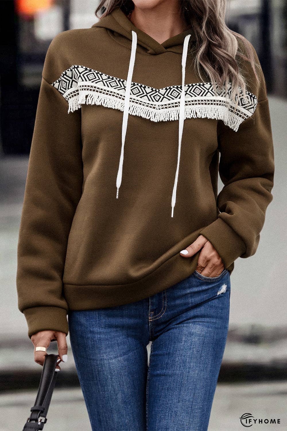 Contrast Fringe Detail Dropped Shoulder Hoodie | IFYHOME