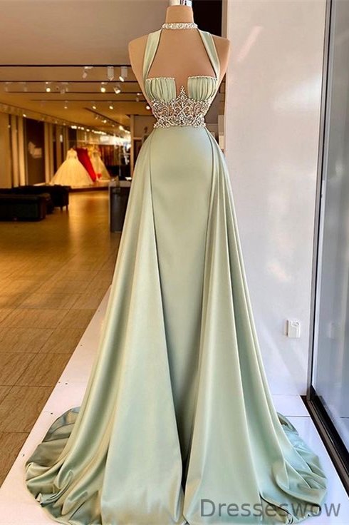 Dresseswow Dusty Sage Halter Prom Dresses Overskirt Long With Beads