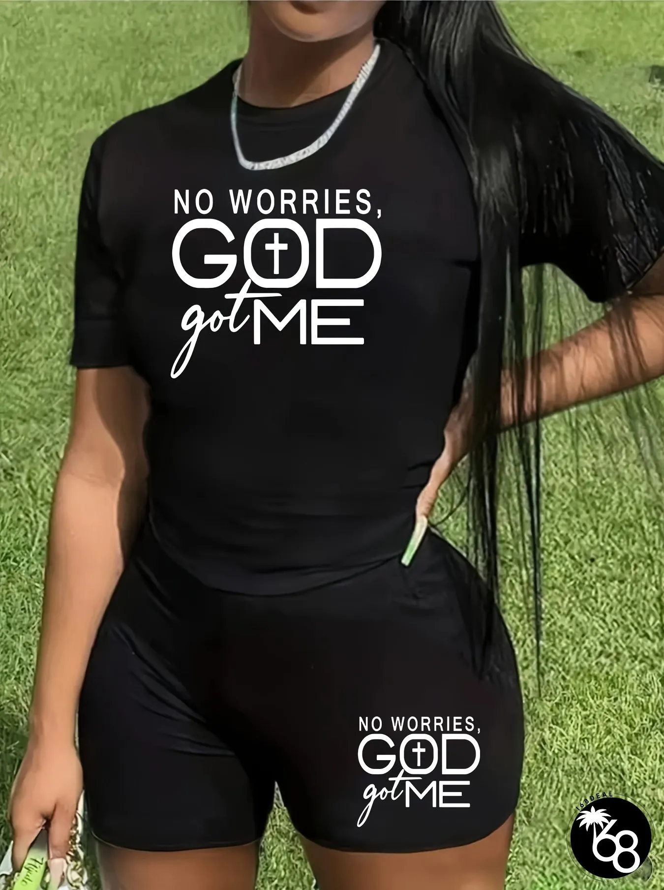 Womens Worries God Got Print Short Sleeve Top Shorts Set Black Casual Comfortable Athletic | 168DEAL
