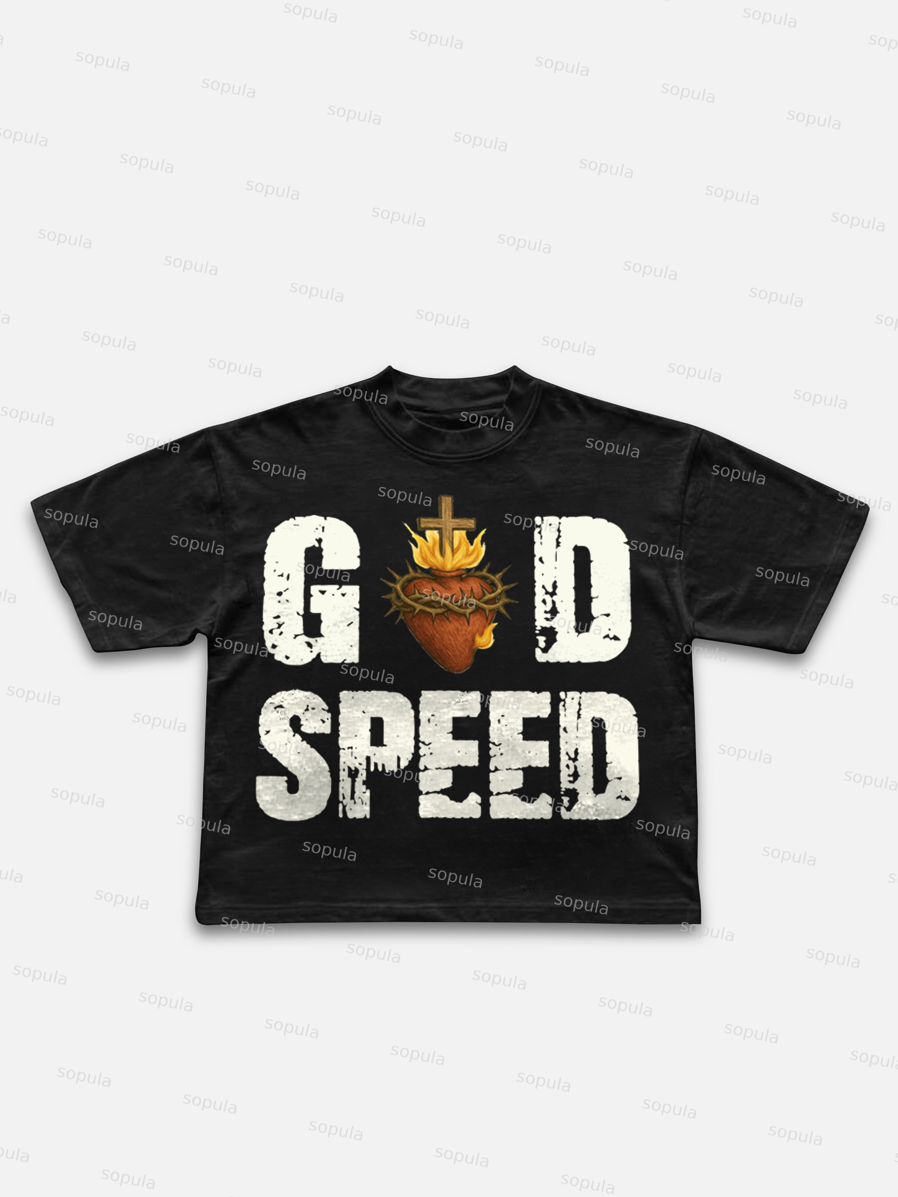 God Speed Vintage Sacred Heart Alphabet Graphic Cropped T-shirt