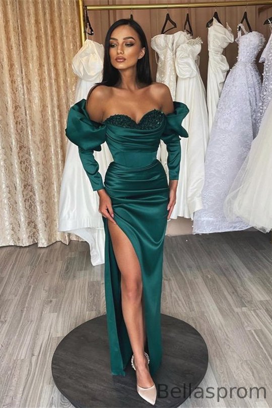Bellasprom Off-the-Shoulder Dark Green Prom Dress Mermaid Split With Long Sleeves Bellasprom