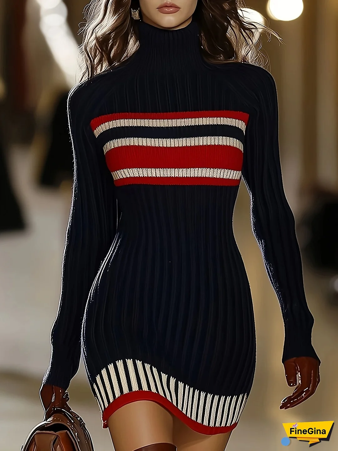 Elegant High-Neck Ribbed Knit Sweater Dress for Women - Chic Long Bodycon with Side Stripes, Perfect for Fall and Winter, Long Sleeve Dres