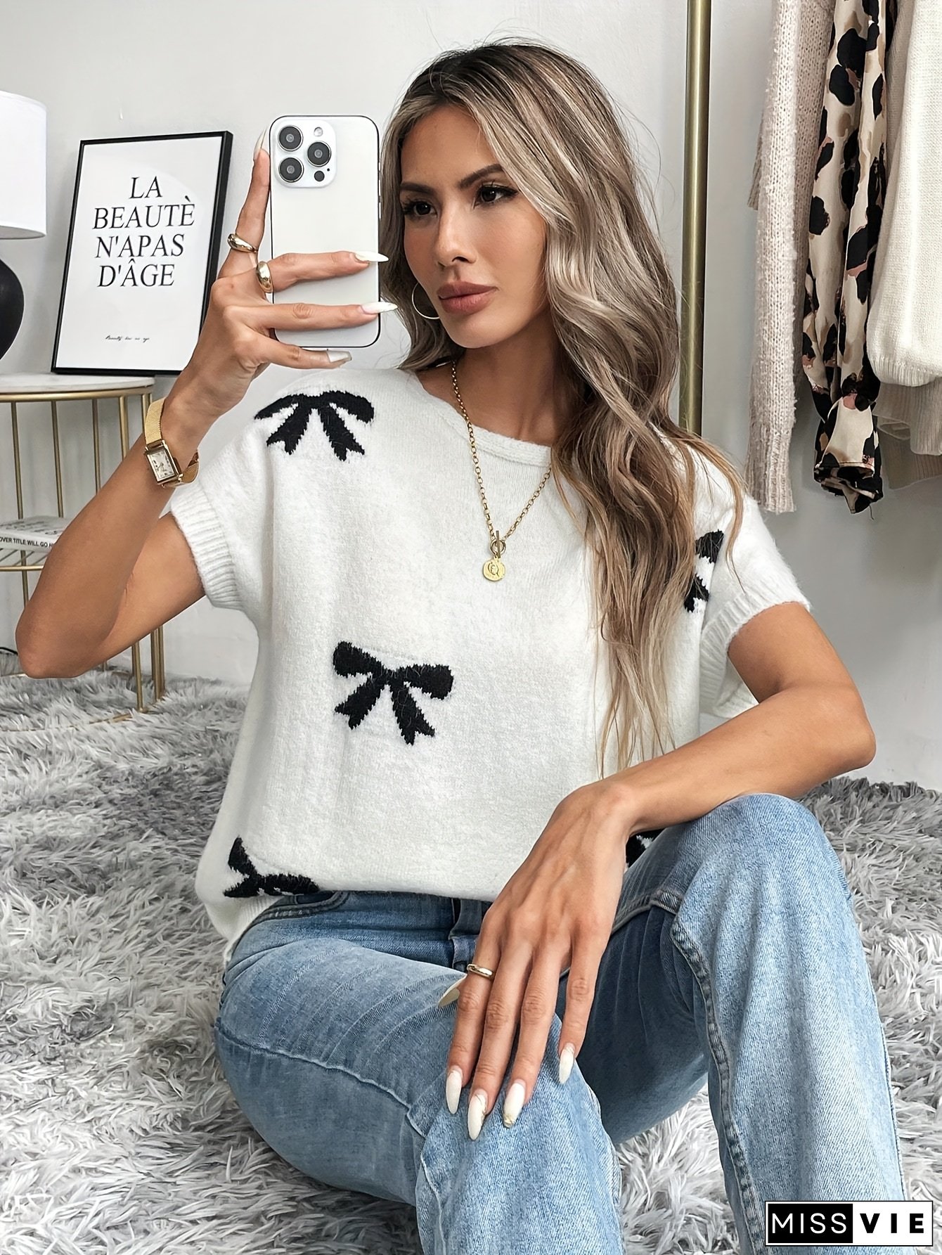 Women's Casual Butterfly Bow Sweater - White with Black Bows, Loose Fit Short Sleeve Round Neck, Machine Washable Spring Summer Fall Top, Seasonal Fashion, Bow Pattern Design, Comfortable Pullover