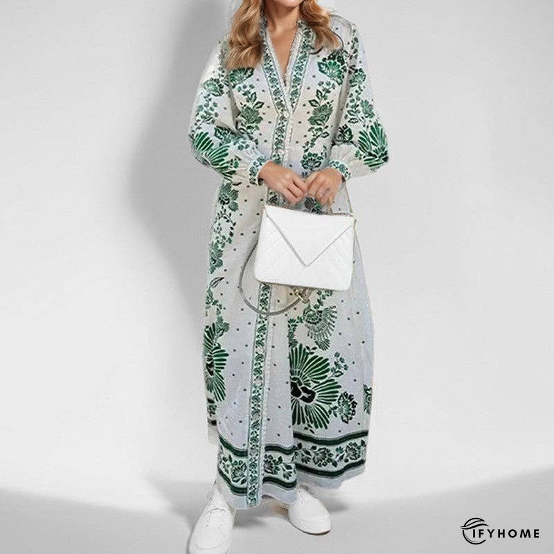 Lantern Sleeve Printed Cinched Waist Long Sleeve Dress | IFYHOME