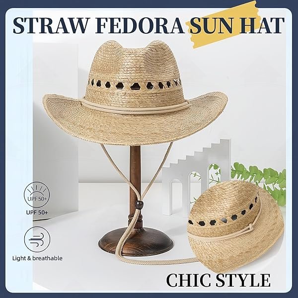 Home Prefer Mens Lifeguard Beach Straw Sun Hat Fedora Cowboy Roll Brim Panama Straw Hat for Men Women Natural