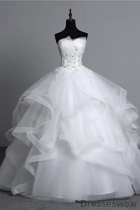 Dresseswow Long Ball Gowns Strapless Layers Wedding Dresses With Appliques Beadings