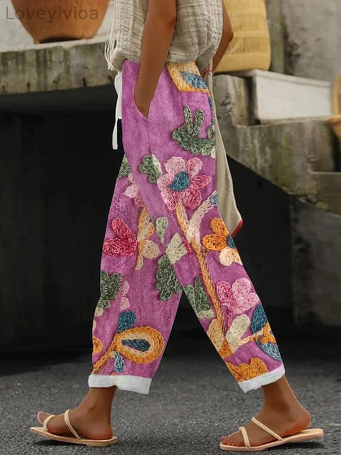 Retro Elegant Cotton And Linen Floral Lace-Up With Pocket Trousers