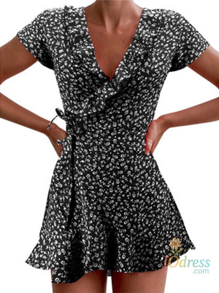 IO Dress Summer Women’s Floal A-Line Dress Sweet Elegant Floral Ruffles V-neck Bandage Short Dress for Lady Chic Flowers Mini Dress IO Dress