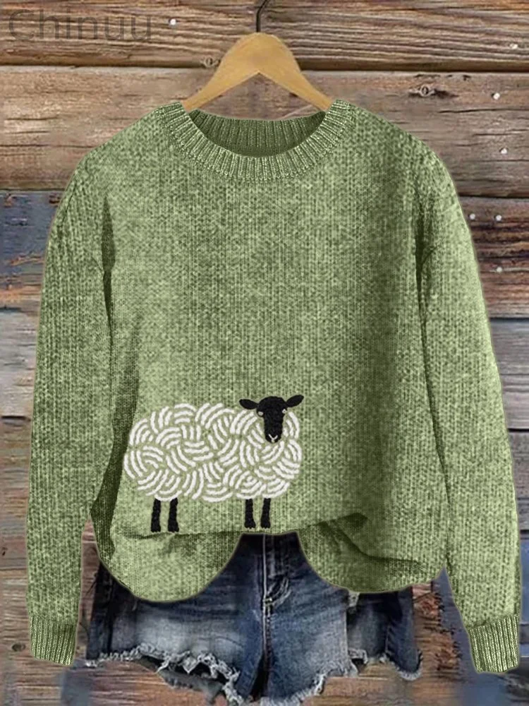Sheep Japanese Embroidery Cozy Knit Sweater