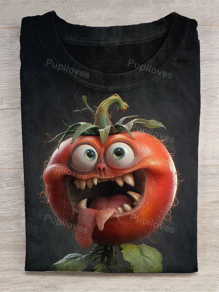 Pupiloves Pupiloves Unisex Funny Tomato Art Print Round Neck Short Sleeve T-Shirt