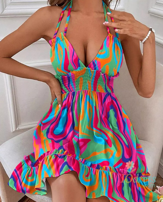 IO Dress Summer Dresses For Women Trendy Solid Boho Dress V Neck Sleeveless Halter Backless Sundress Ruffles Holiday Beach Dresses IO Dress