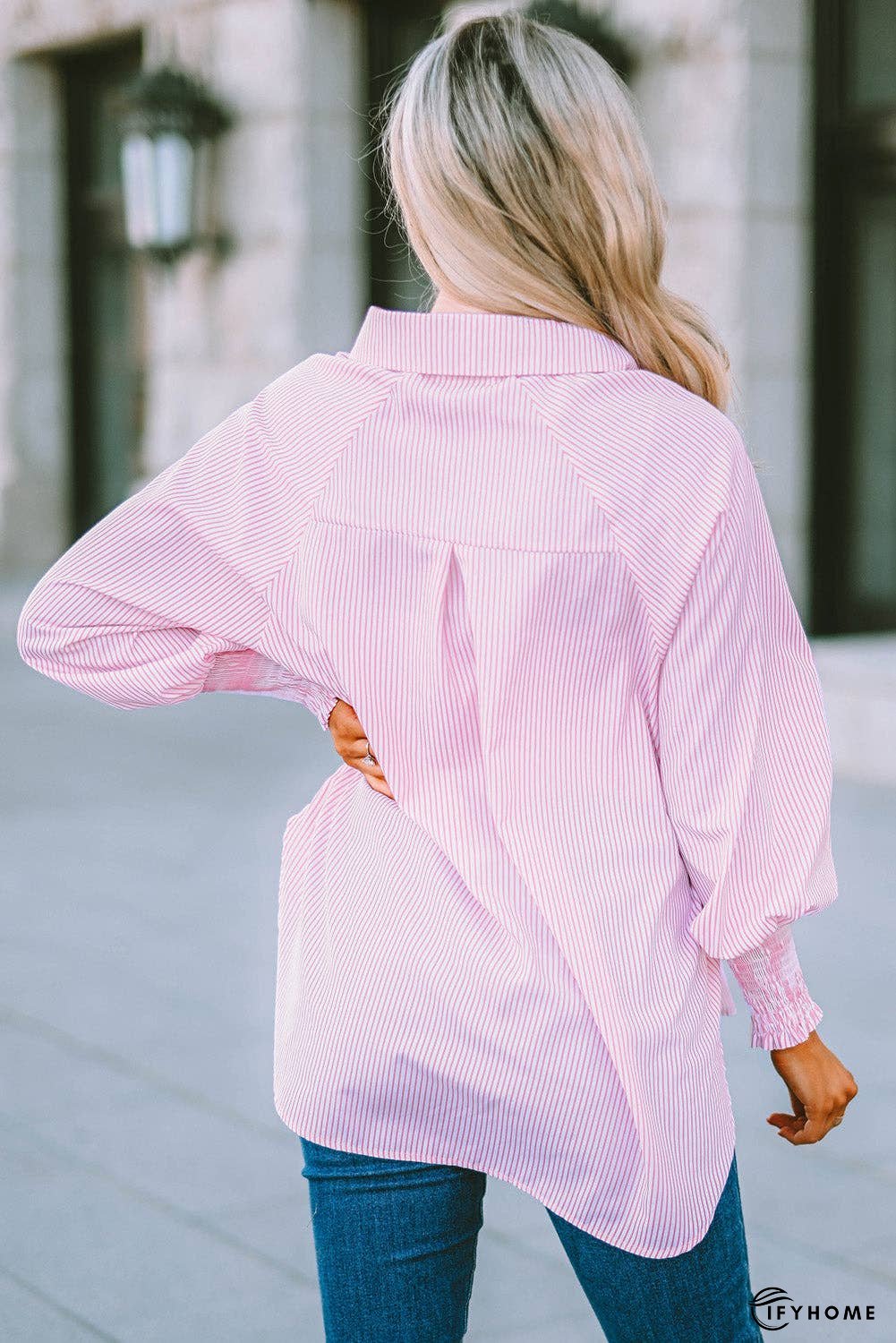 Striped Lantern Sleeve Collared Shirt | IFYHOME