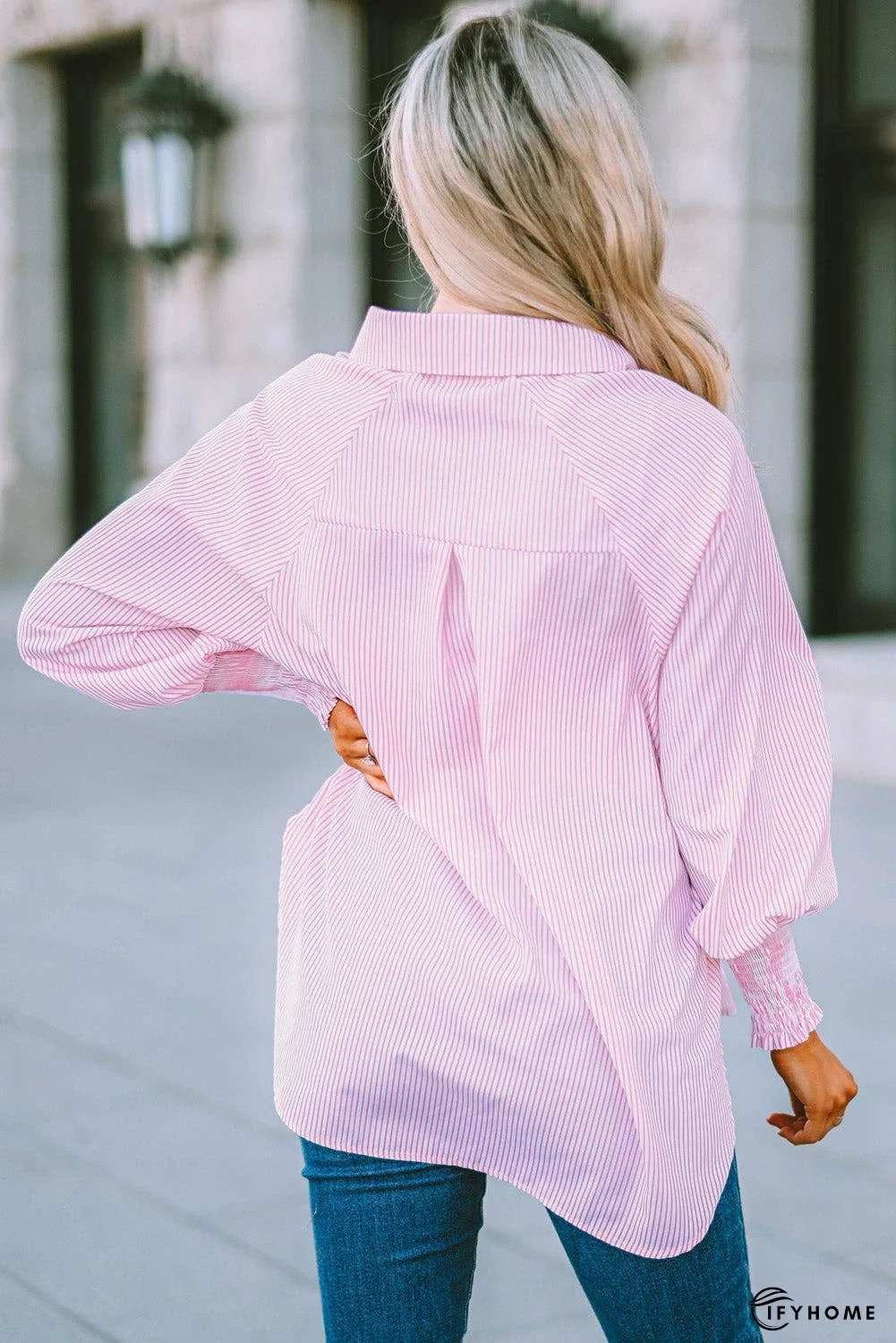 Striped Lantern Sleeve Collared Shirt | IFYHOME