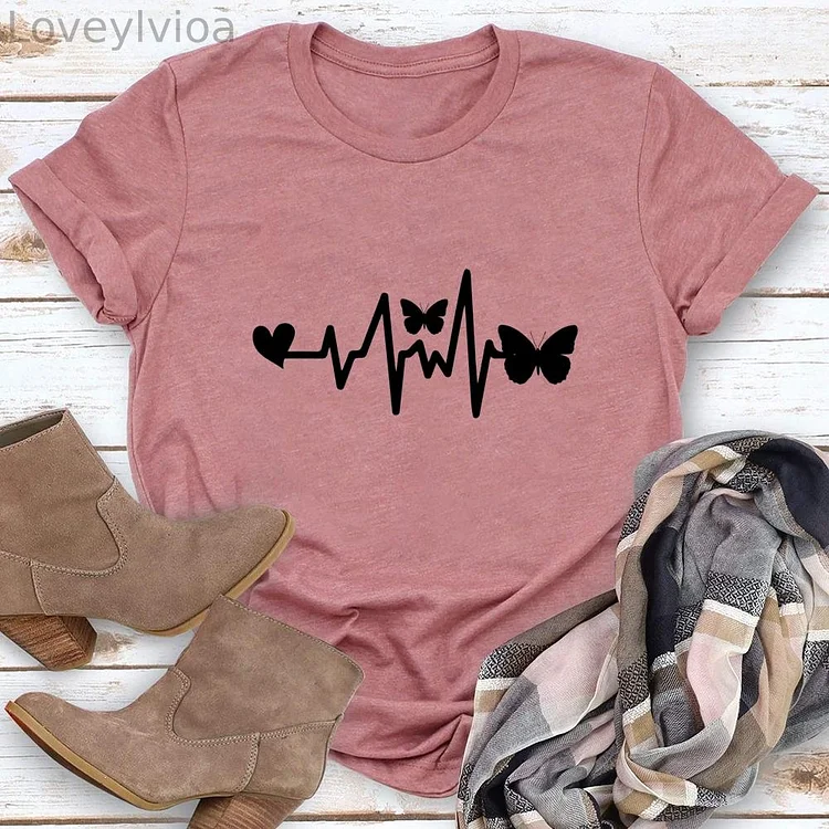 Heartbeat Butterfly Round Neck T-shirt