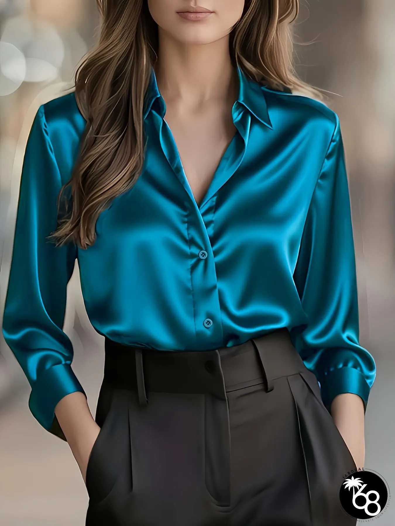 Elegant Teal Satin Blouse for Women Sexy Long Sleeve Button-Up Shirt with V-Neck Perfect | 168DEAL