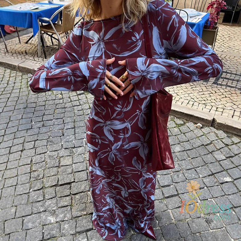 IO Dress New Casual Street Bohe Dress Fashion Temperament Clashing Print Long Dress Women Elegant O-neck Long Sleeve Slim Fit Party Dress IO Dress