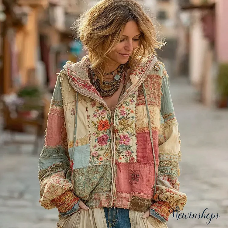 Women's Vintage Bohemian Floral Panel Comfort Warm Zip Hoodie