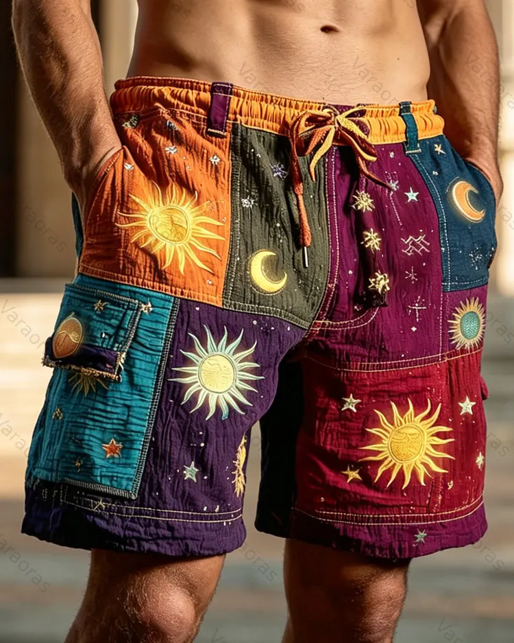 Men's Summer Fashion Star and Moon Print Embroidered Casual Linen Shorts 7777