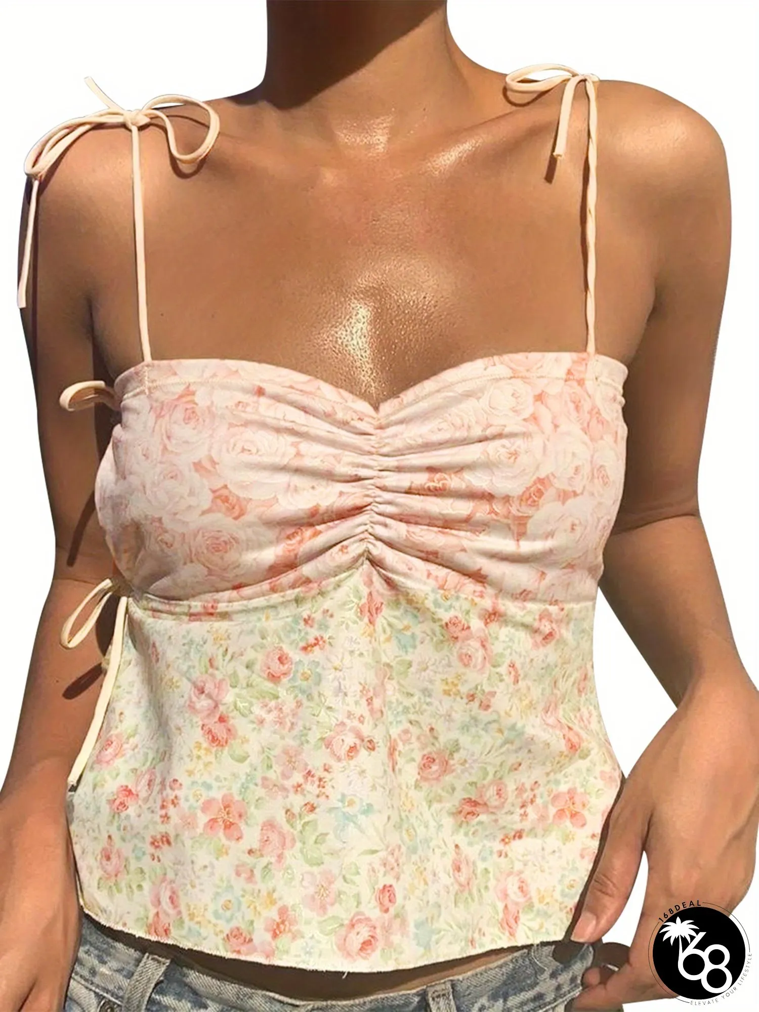 Women Camisole Tie-Up Spaghetti Straps Backless Flower Print Summer Tops For Party Club | 168DEAL