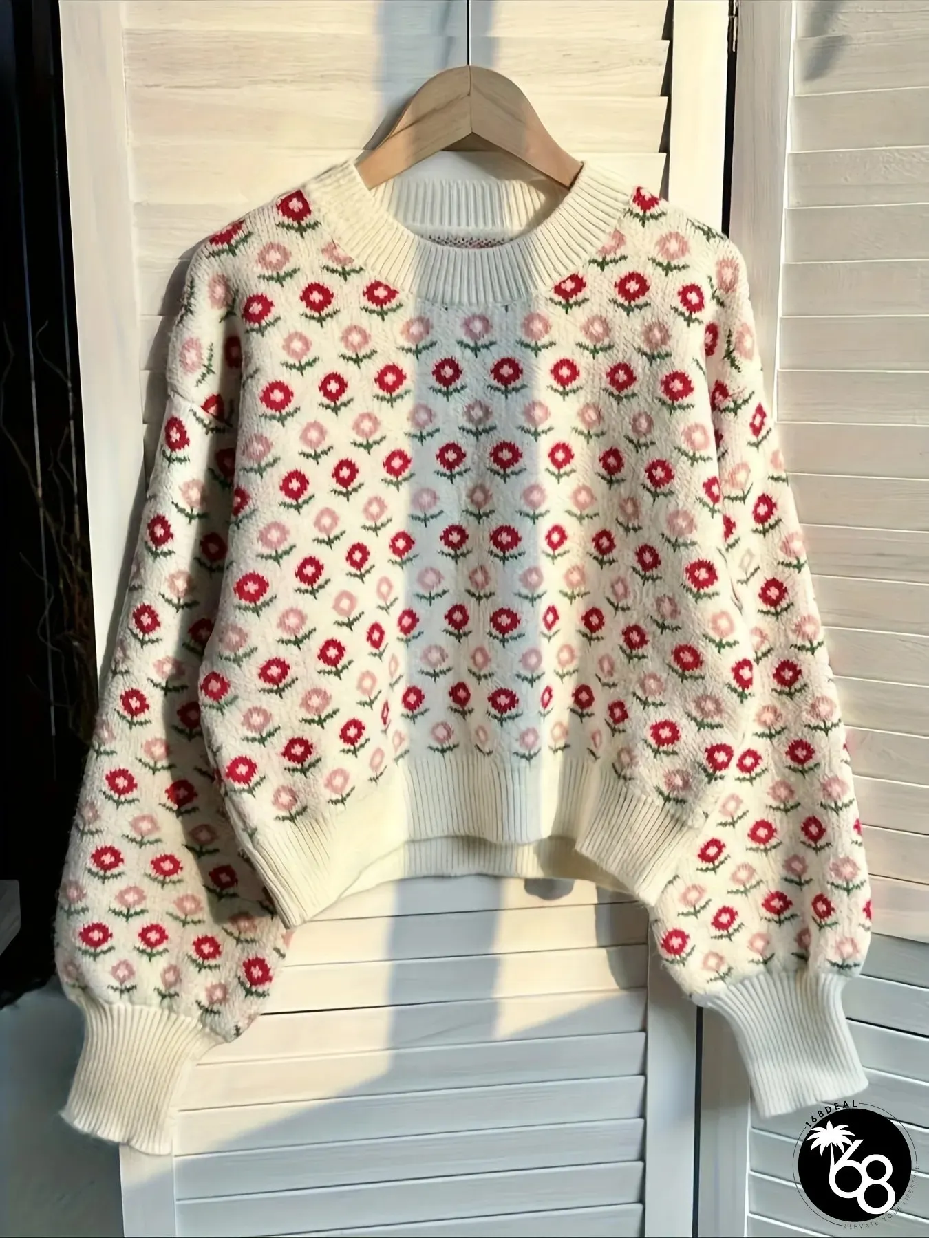 Cozy Soft Womens ElegantJacquard Sweater Round-neck Pullover With Red White Pattern Fall | 168DEAL