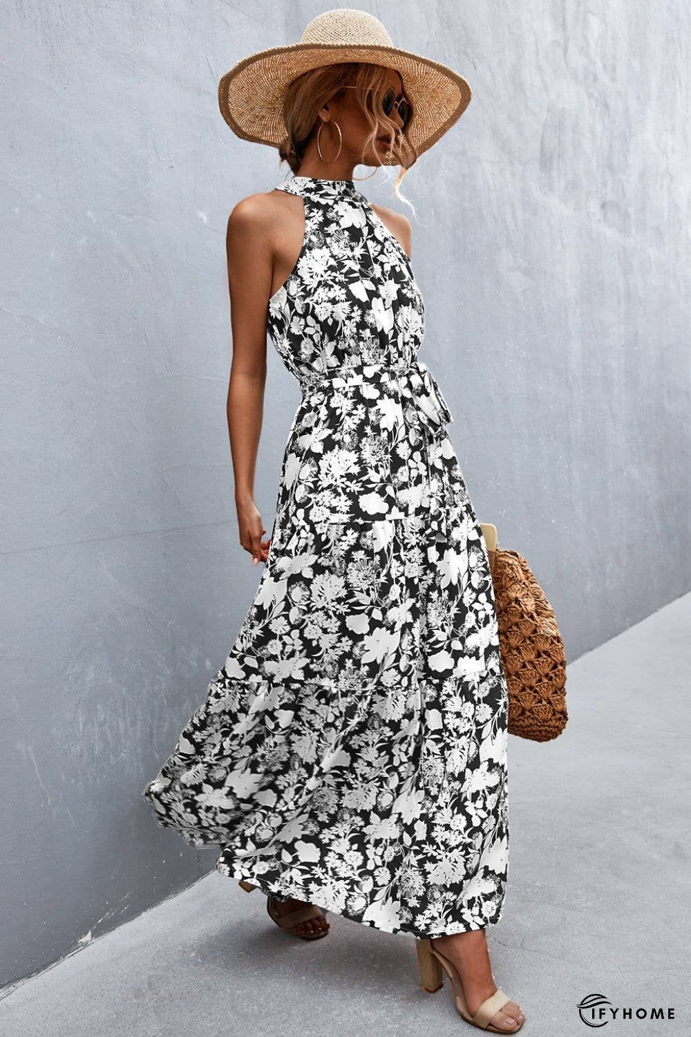 Printed Sleeveless Tie Waist Maxi Dress | IFYHOME