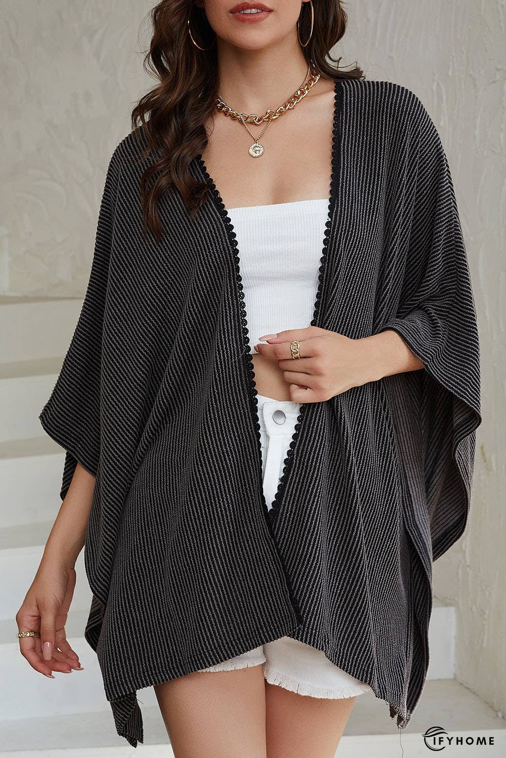 Lace Trim Ribbed Oversize Kimono | IFYHOME