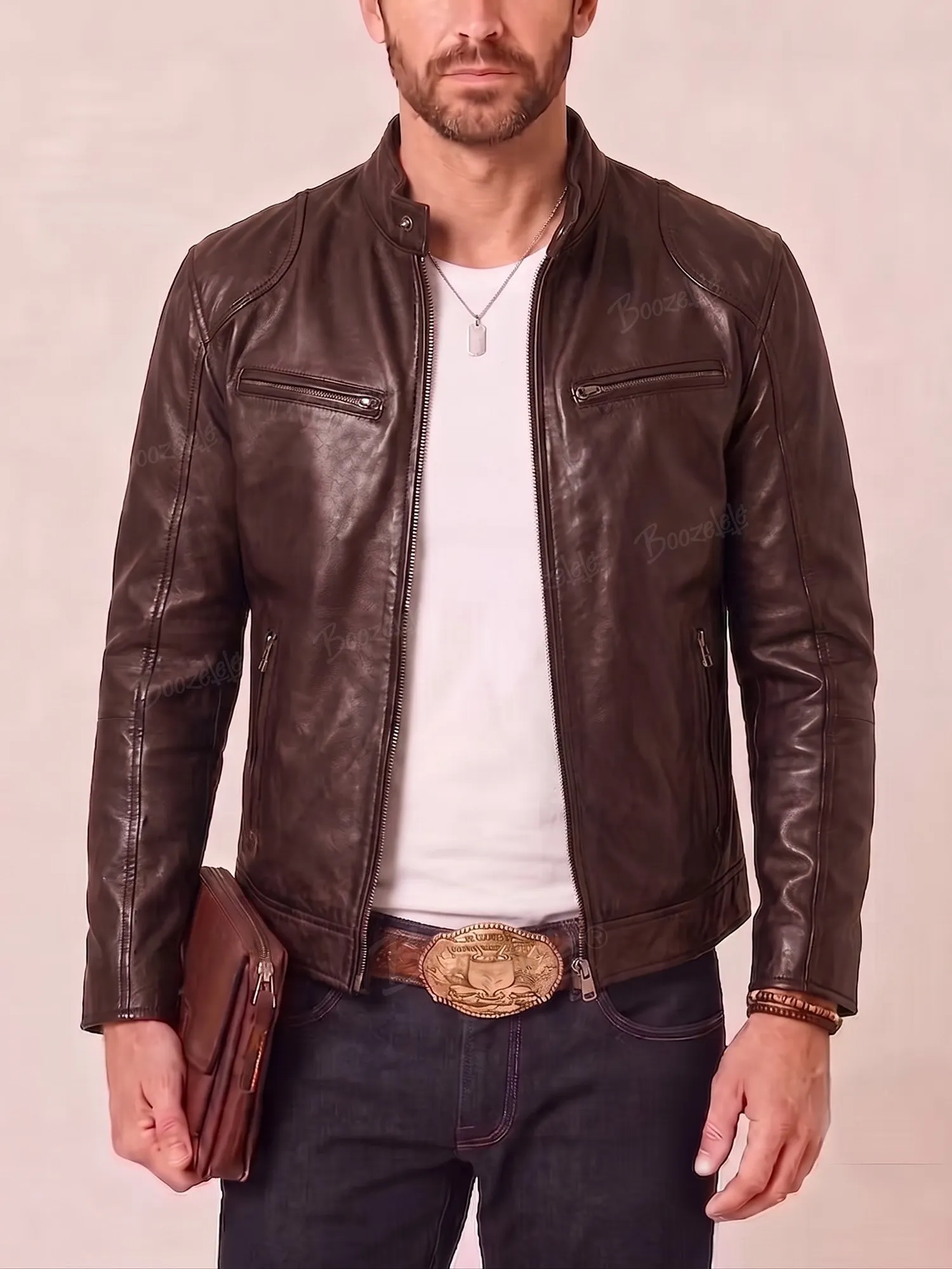 Western Style &mdash; 3D Retro Stand Collar Multi-Metal Zipper Sheepskin Leather Jacket
