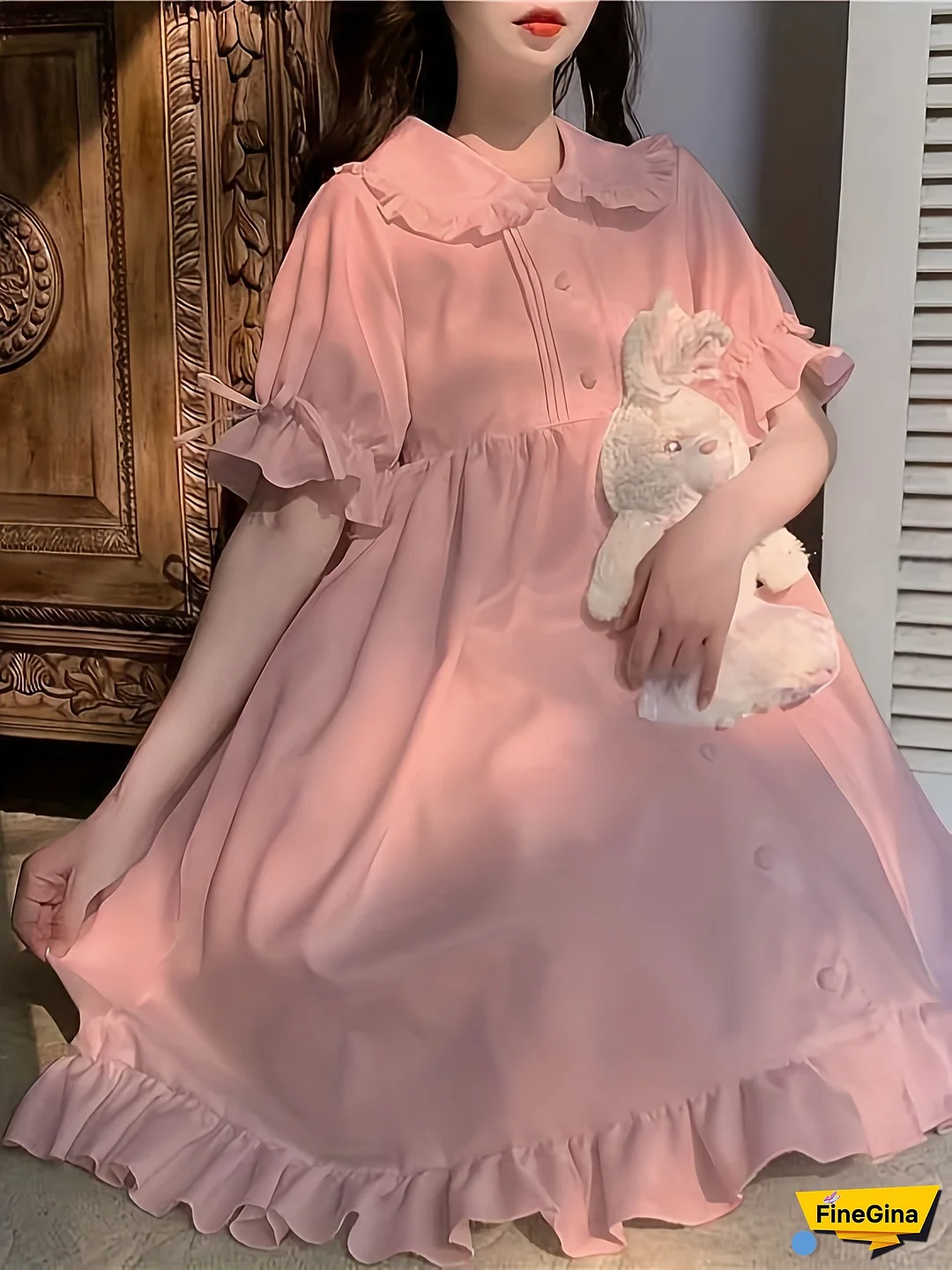 [Pink Ruffle Dress] Soft & Delicate Pink Ruffle Hem Dress For Women | Short Bubble Sleeves, Doll Collar, Button-Up - Perfect For Spring/Summer/Fall