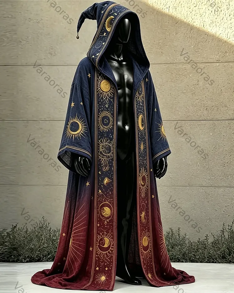 Men's Summer Fashion Star and Moon Print Linen Hooded Cape 8584
