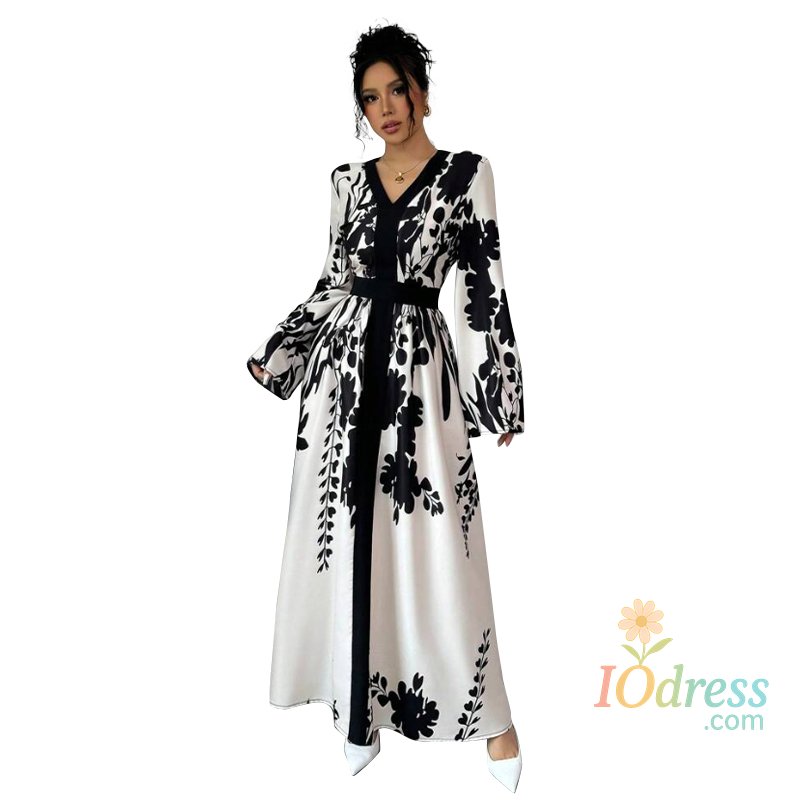 IO Dress Women Flower Print Shirts Dresses Fashion V Neck Long Sleeve Skirts Ladies 2025 Temperament Simple High-end Clothes Sets IO Dress