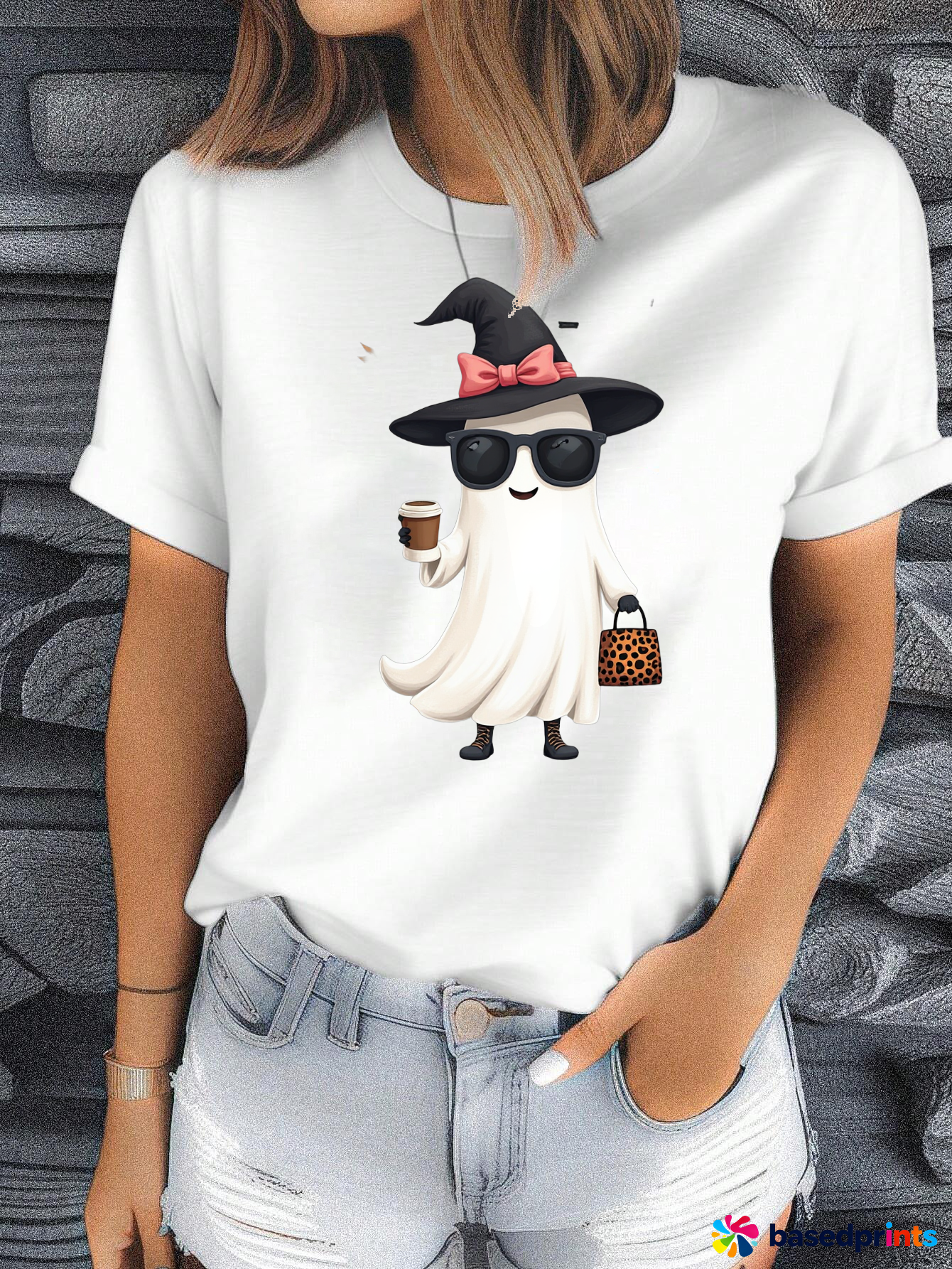 Halloween Ghost Coffee T-Shirt Women's Casual Short-Sleeved Cotton Tee
