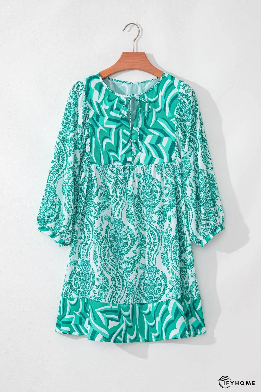 Bohemian Print Puff Sleeve Tied Flared Mini Dress | IFYHOME