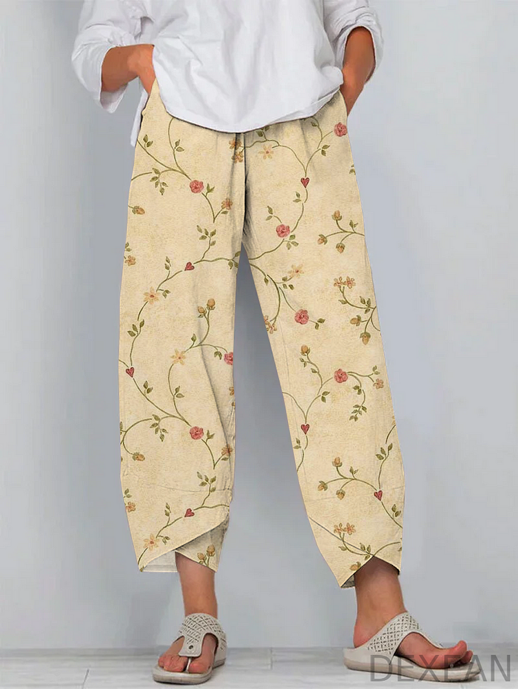 Vintage Floral Print Cotton and Linen Cropped Casual Pants