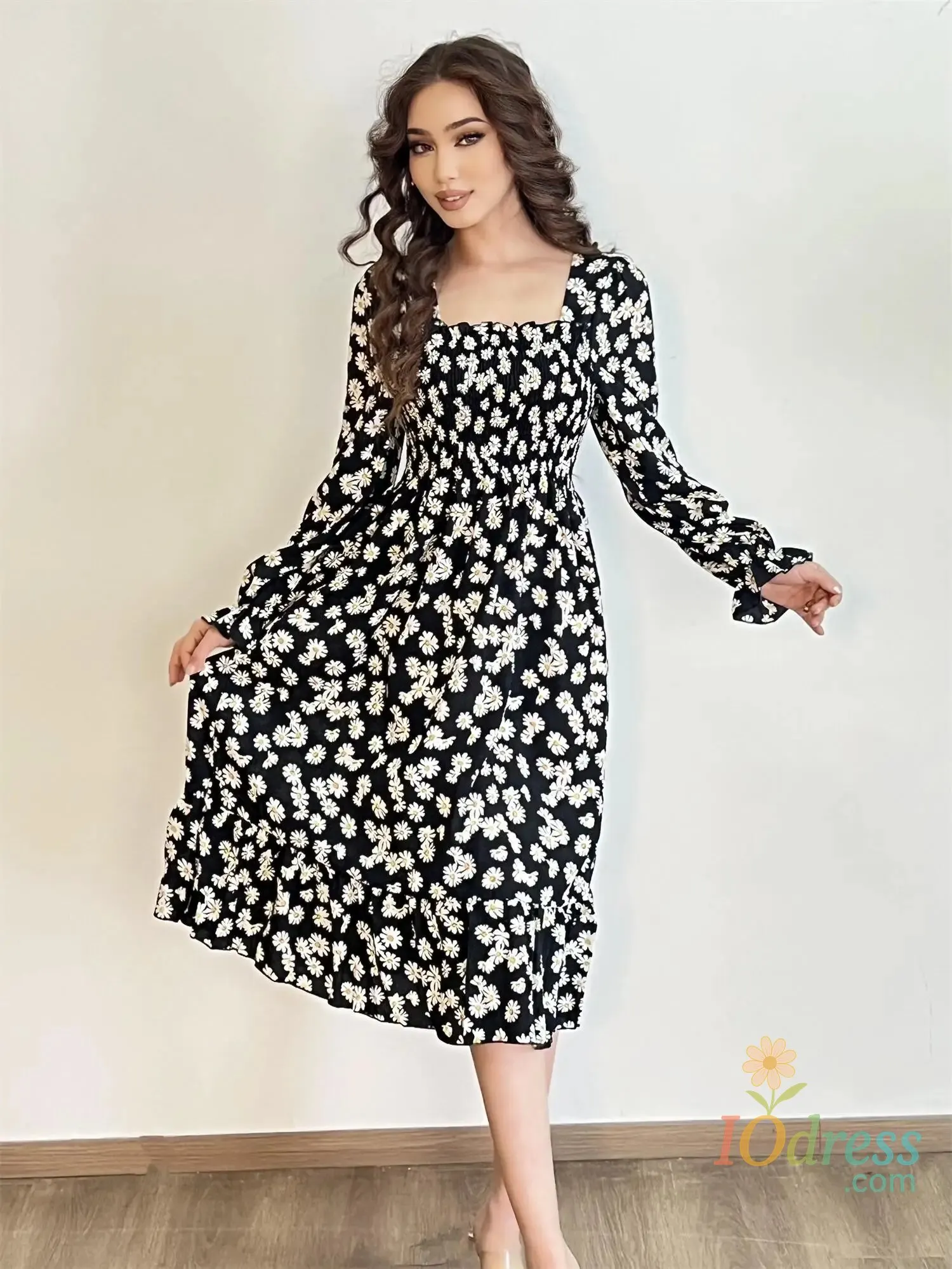 IO Dress Long Sleeve Casual Dress Women Chiffon Dresses Autumn Spring A-line Printed Floral Elastic Chest Lace Up Midi Dresses Vestidos IO Dress